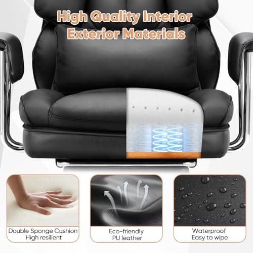 Sweetcrispy Executive Home Office Desk Chair - Ergonomic Big Tall High Back with Footrest & Lumbar Support, Reclining Height Adjustable, Comfy PU Leather Computer Gaming with Swivel Wheels, Black 7