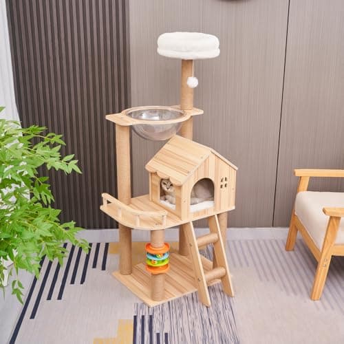 Elegaif Cat Tree, Wood Cat Tree Tower for Indoor Cats, 47.3" Modern Cat Tower with Sisal-Covered Scratching Posts and Top Perch，Cat Condo with Acrylic Hammock for Small Large Cats 6