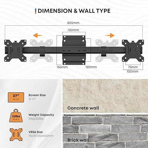 PUTORSEN Dual Monitor Wall Mount, Horizontal Assembly Mount for 2 Monitor Screens up to 27 inches,Max. 10kg, VESA 75x75/100x100mm 5