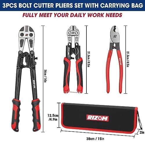 RIZOM 3-Piece Bolt Cutter Pliers Set, 14" Heavy Duty Bolt Cutter, 8" Mini Bolt Cutter, 8" Wire Cable Cutter with Carrying Bag, Cr-V Blade for Cutting Locks, Steel Wire, Barbed Wire, Chains 7