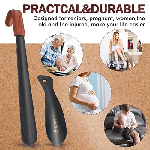 ZOMAKE Shoe Horn Long Handle for Seniors Men Women,Metal Long Shoehorn Boot Horn 16.5",Travel Small Shoe Spoon Helper for Kids 7.5" 6