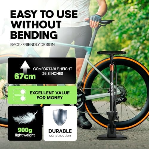 Bicycle Pump with Pressure Gauge – High Pressure Bike Tire Inflator 230 PSI – Reliable and Versatile Floor Air Pump with Presta Schrader Valves – Bike Pumps for Tires 6
