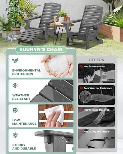 SUUNYN Folding Adirondack Chair with Retractable Ottoman, Weather Resistant Fire Pit Chair Patio Chair with 2 Cup Holder Lawn Outdoor Lounge Chair (Grey) 6