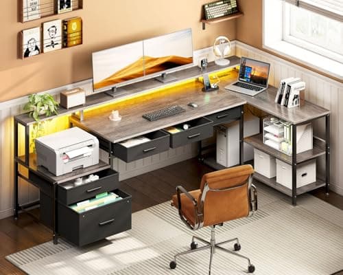 AODK L Shaped Desk with 5 File Drawers, 75" Reversible L Shaped Computer Desk with Power Outlet & LED Strip, Office Desk with Storage Shelves, Gaming Table with Monitor Shelf, Corner Table, Grey Oak