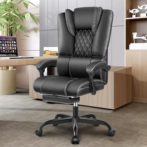 Guessky Big and Tall Office Desk Chair - Comfy Heavy Duty Reclining Executive Leather Computer Chair with Footrest - Black