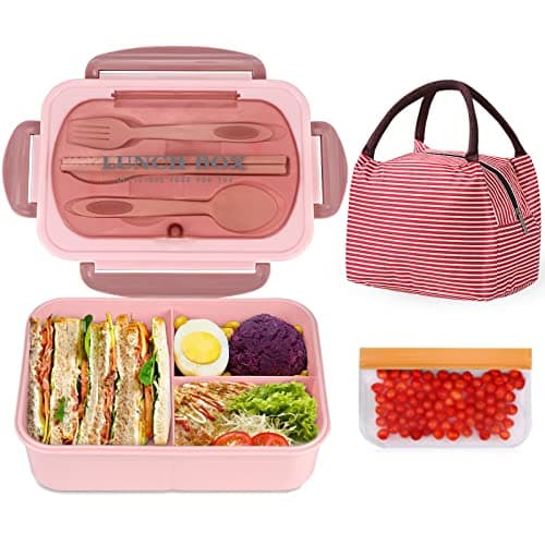 NatraProw Bento Box, Adult Lunch Box with Bag, 3 Compartment Leakproof Lunch Container, BPA Free, Microwave Safe, Includes Utensils, Pink