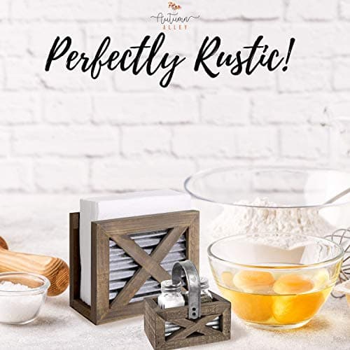 Autumn Alley Farmhouse Napkin Holder and Adorable Farmhouse Salt and Pepper Shakers Set With Wood Holder - Western Kitchen, Galvanized Metal - Upright Rustic Napkin Holder Rustic Kitchen Décor (Brown) 6