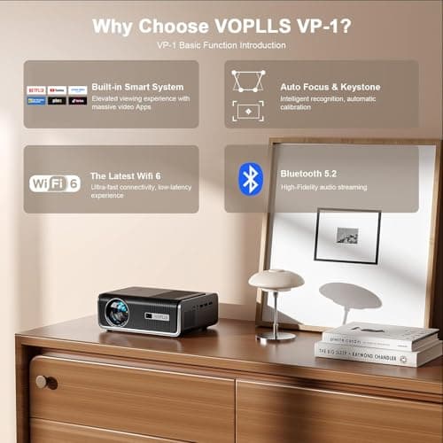 [Built-in Apps & Auto Focus/Keystone] Smart Projector with WiFi and Bluetooth, VOPLLS 4K Outdoor Projector, Portable Movie Phone Wireless Gaming Wifi Proyector for Bedroom/Home/Celling 8