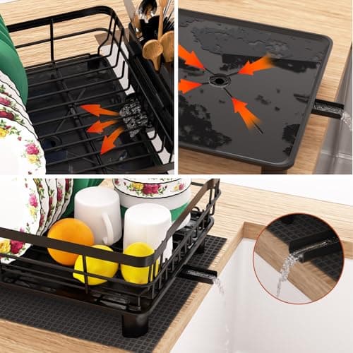 Godboat Dish Drying Rack, Dish Rack with Auto-Drain & Mat, Dish Drainers for Kitchen Counter, Glass Organizer for 4 Cups, 3 Slots Utensil Holder, Gifts for Women Mothers Day, Kitchen Gadgets & Decor 5