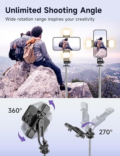 53'' Selfie Stick Tripod with Light, Extendable Selfie Stick with Remote, Portable Cell Phone Tripod Stand with All in 1 Phone Clip, Lightweight Camera Tripod Compatible with iPhone 15 14 13, Android 6