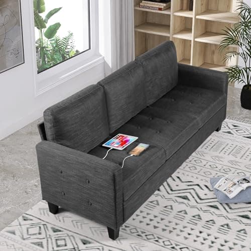 STHOUYN 72" W 3 Seater Couch Sofa with USB Ports, Grey Comfy Couches for Small Spaces, Mid Century Modern Gray Couch for Living Room Apartment Bedroom (Dark Grey) 7