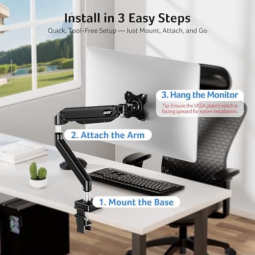 Acer Single Monitor Mount, Fully Adjustable Monitor Arm Fits 17 to 34 Inch Screens, Gas Spring VESA Mount with C-Clamp & Grommet Base, Computer Desk Arm with Tilt Swivel Rotate Supports 4.4-19.8 lbs 6