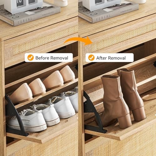 coucheta 2 Flip Drawers Shoe Storage Cabinet with 1 Drawer, Rattan Shoe Organizer with Metal Legs, Freestanding Narrow Shoe Rack Cabinet for Entryway, Oak 5