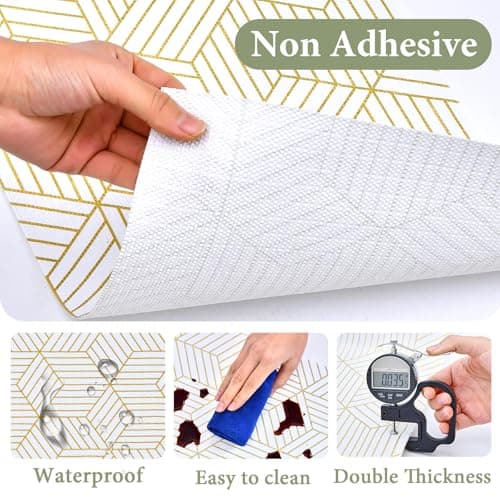 Shelf Liners for Kitchen Cabinets 12in x 20FT, Non Adhesive Cabinet Liner Strong Non-Slip Thickened Gold Geometric Drawer Liner, Easy to Clean for Shelf, Cabinet with Knife and Tape Measure 6