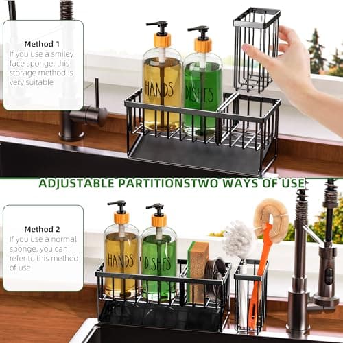 Cisily Kitchen Dish Soap Dispenser Set with Black Sponge Holder and 2 Pack 16.9oz Clear Glass, Dish Soap Dispensers for Kitchen Sink, Vintage Hand and Dish Soap Dispensers Set 3