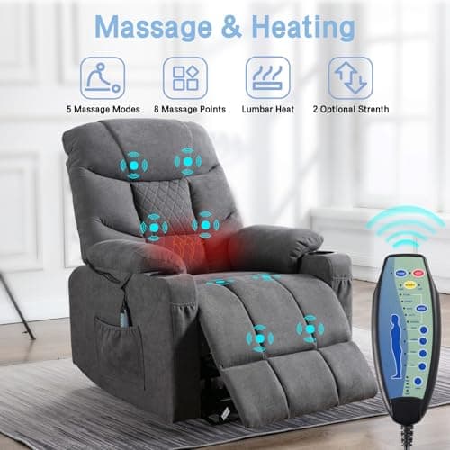 OBBOLLY Power Lift Recliner Chair with Massage & Heat for Elderly, Linen Fabric Lazy Recliner Sofa Chairs with Cup Holders/USB/Side Pockets for Living Room, Dark Grey 5