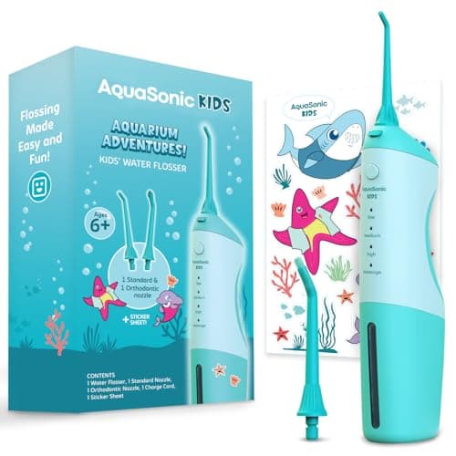 AquaSonic Kids' Water Flosser for Ages 6+ | Standard Nozzle, Orthodontic Nozzle & Waterproof Stickers | 4 Flossing Modes | Aquarium Adventures Theme (Blue)