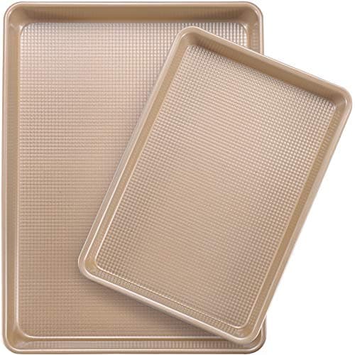 JOHO BAKING Cookie Sheets for Baking Nonstick, 2 Pack Heavy Duty 0.8mm Baking Sheet Pan Set Quarter(9x13in) & Jelly Roll(10x15in) with Diamond Texture, Gold Commercial Grade, Small Oven Safe 9