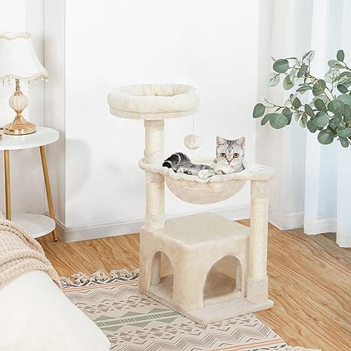 HOOBRO Small Cat Tree Tower with Luxury Condo, Basket Hammock for Indoor Kittens with Scratching Posts, Kittens Pet Activity Tree, Beige BE07CT03 6
