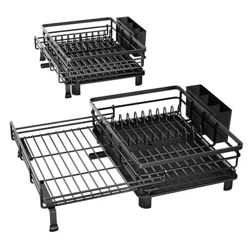 SNTD Dish Drying Rack - Extendable Dish Rack, Large Sink Drying Dish Drainer for Kitchen Counter, Stainless Steel Dish Strainer with Utensil Holder (Black) 9