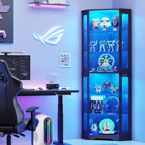 BROTTAR 71" Corner Display Cabinet with Glass Doors, 6 Tier Curio Cabinet with 3 LED Lights & Glass Shelves, Human Body Sensor, Showcase Display Case for Collectibles, Black 6