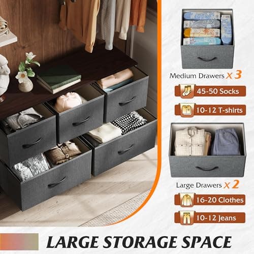 WLIVE Dresser for Bedroom with 5 Drawers, Wide Chest of Drawers, Fabric Dresser, Storage Organizer Unit with Fabric Bins for Closet, Living Room, Hallway, Dark Grey 5