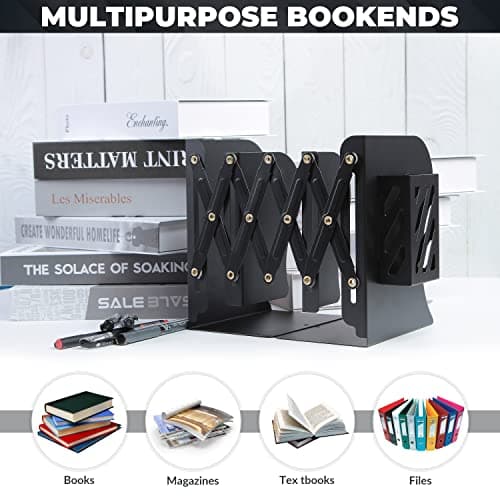 Auxu Adjustable Desk Storage Bookends with Pen Stand Holder – 2-in-1 Bookend and Pen Stand – Telescopic Design – Expands Up to 20” – Multipurpose and Versatile – Desktop Accessory 5