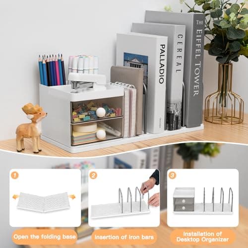 QIYVLOS Desk Organizer with File Holder, Multi-Functional Pencil Pen Holder with 2 Drawers, Desk Organizers and Storage with 9 Compartments, Desktop Organizer for Office Home Art Supplies (White) 5
