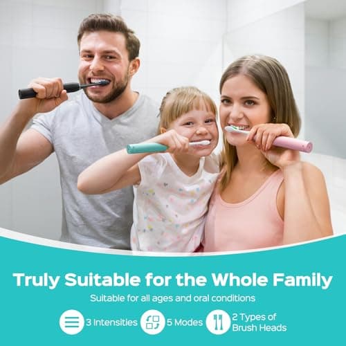 COSLUS Sonic Electric Toothbrush for Adults: 3 Intensities & 5 Modes Gum-Friendly for Deep Cleaning & Whitening - 2 Types of Heads for Family, Sensitive Teeth, Braces, Travel & Home Use, Black, 1PC 9