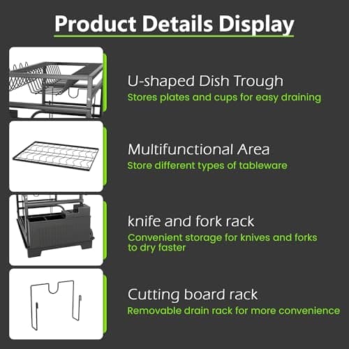 HomeCurated 2-Tier Foldable Dish Drying Rack with Drainboard, Stainless Steel Large Capacity Kitchen Counter Organizer with Cup Holder, Utensil & Cutting Board Storage, No Assembly Required, Black 8