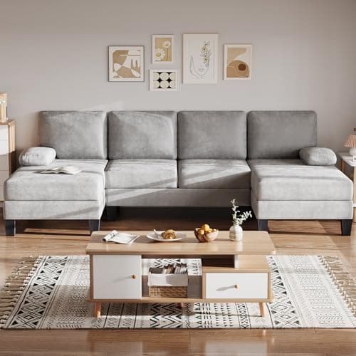 Bezseller 107.3" Sectional Couches for Living Room, U Shaped Modular Sofa Couch with Cushion & Chenille Fabric, 4-Seat Comfy Furniture Sets with Double Chaise for Apartment, Reception Room, Grey