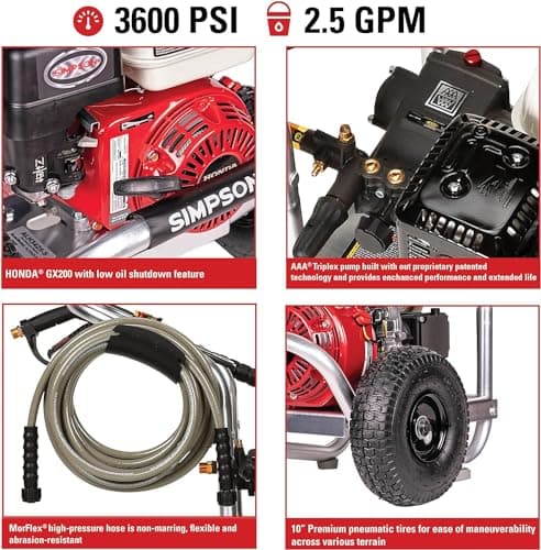 Simpson Cleaning 3600 PSI Gas Pressure Washer, 2.5 GPM Power Washer for Commercial Use, Honda GX200 Engine, 35-Foot MorFlex Hose, Aluminum Series, 49-State (ALH3425) 2