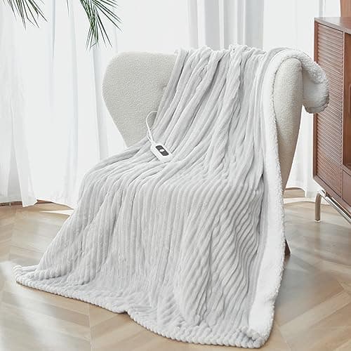 SNUGSUN Heated Blanket Throw Size, Soft and Cozy Electric Heating Blanket for Bed, Automatic Safety System 6 Heating Levels & 4 Hours Auto-Off, 50" x 60" Light Grey