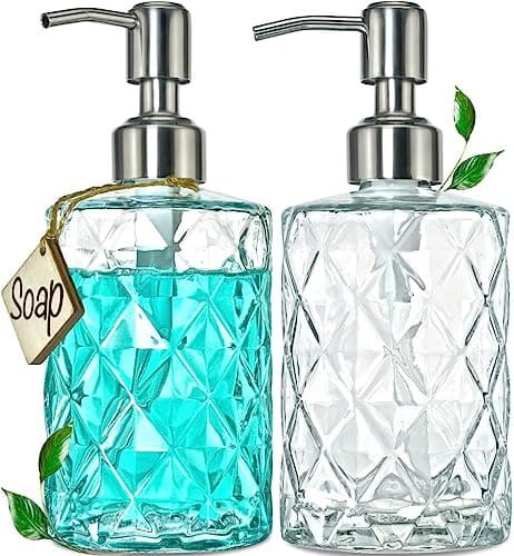 JASAI 2Pack Diamond Embossed Glass Soap Dispenser with 304 Rustproof Stainless Steel Pump, 12 OZ Bathroom soap Dispenser with A Wooden Tag, Elegant Hand Soap Dispenser for Bathroom & Kitchen