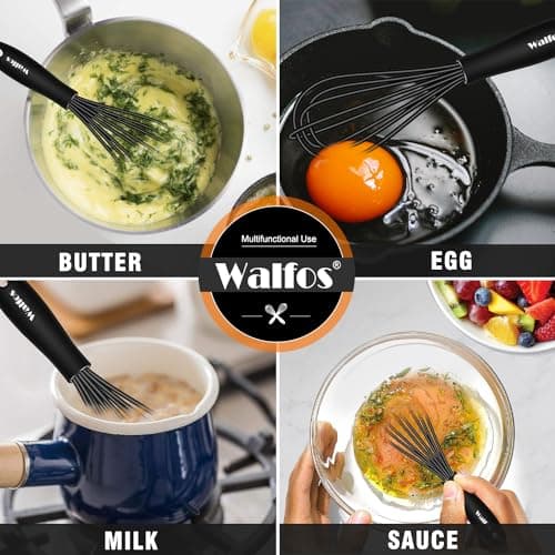 Walfos Whisk 5+7in/12cm+17cm Mini Whisk,Silicone Whisks Non Scratch Heat Resistant (480°F). Nice for stirring individual eggs and mixing small amounts of powder and sauce.Dishwasher Safe.Black 5