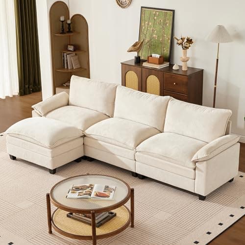 SUAWY 110.3 Inch Modular Couch Sectionals with Ottoman, Big Comfy Cloud Couches, L Shaped 4 Seat Modular Sectional Sofa, Modern Cloud Sectional Couches for Living Room, Deep Seat Sofa, Beige