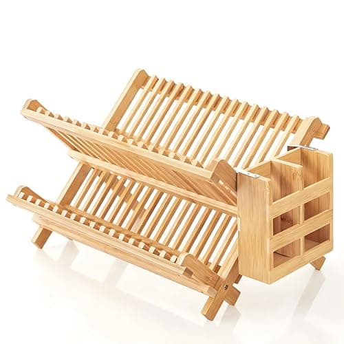 QUEENKAY Dish Drying Rack Collapsible 2-Tier Bamboo Dish Rack for Kitchen Counter Wooden Dish Drainer with Foldable Space-Saving Design for Dishes, Plates, and Cups