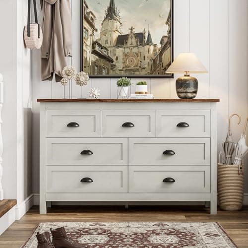 Wananlanen Farmhouse 7 Drawer Dresser for Bedroom, Antique Double Dresser & Chest of Drawer with Vintage Handle and Storage, Wood Rustic Organizer for Living Room, Hallway (Antique White)