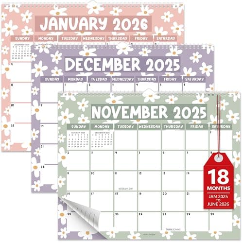 Hadley Designs Wall Calendar 2025-2026 – 18-Month Hanging Calendar 2025-2026 for Family, Home, School, & Office, Spiral Bound with Large Date Blocks & Notes Sections (Floral)
