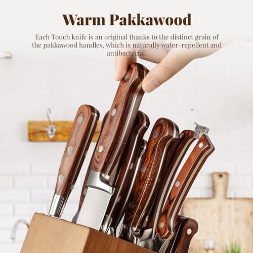 Knife Set, 15-pcs Emojoy Kitchen Knife Set with Block, Premium Kitchen Knives with Heavy Poultry Shears, Sharpener and 6pcs Serrated Steak Knives 4