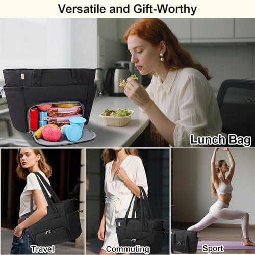 Veirdro Work Laptop Tote Bag for Women with Insulated Lunch Compartment, Lightweight Puffy Lunch Tote Bag with 15.6 Inch Laptop Compartment, Quilted Laptop Bags for Office Commuter Teacher Nurse Black 8