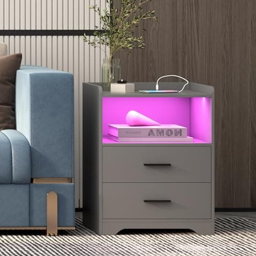 dnbss Grey Night Stand with Wireless Charging Station, Nightstand with 2 Drawers, Smart Bedside Table with 24-Color RGB Lighting, Modern LED Lighted Nightstand for Bedroom 8