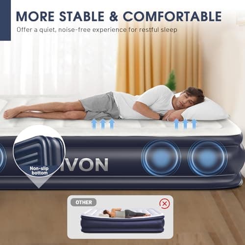 King Air Mattress With Built In Pump,Blow Up Mattress 2 Mins Self-Inflation/Deflation,Upgraded Thicker Inflatable Mattress，Flocked Top Air Bed with Storage Bag for Guests,Home，Camping，750 lbs Max 6