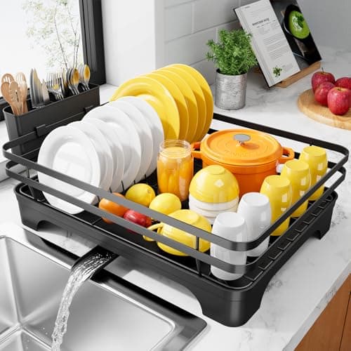 Kitsure Dish Drying Rack - Multi-Functional Dish Rack for Kitchen Counter with Cutlery Holder, Rust-Proof Storage Solution with Rotatable, 15.7" x 12.0" x 5.5", Black