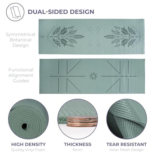 Ascend Yoga Mat with Alignment Marks - Premium 6mm Thick, 72" x 24" Reversible Exercise Mat - Non Slip, Tear Resistant, Workout Mats for Pilates, Home, Studio, Gym, Floor Stretching - Sage Haven - Printed 6