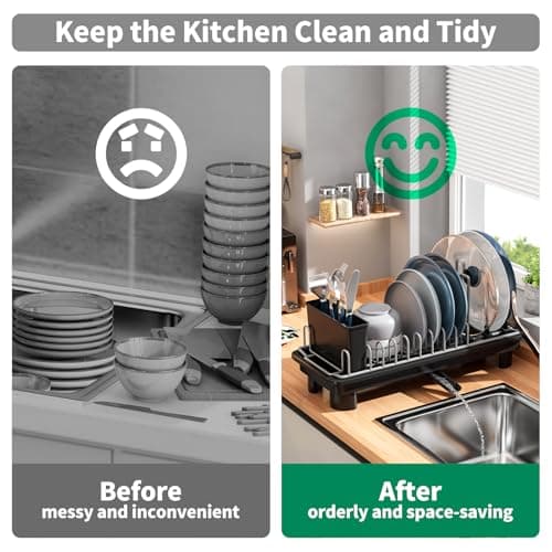 SanDream Small Dish Drying Rack with Removable Utensil Holder & Anti-Scratch Base - Stainless Steel Dish Rack, Dish Drying Rack with Drainage & Space Saving Design for Kitchen Counter, Black 6