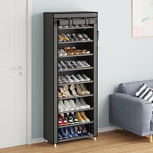 Calmootey 9 Tier Shoe Rack Organizer,Portable Shoe Shelf with Nonwoven Fabric Cover for Closet Hallway,Bedroom,Entryway,Grey 5
