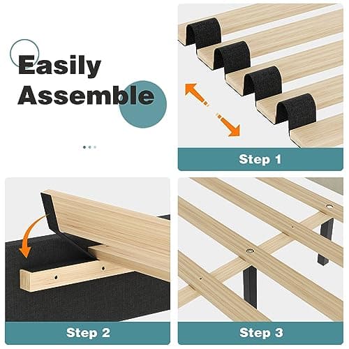 Lifezone Queen Bed Frame with Headboard,Linen Upholstered Bed Frame with Wood Slats Support,No Box Spring Needed,Heavy Duty Feet,Easy Assembly,Dark Grey 5