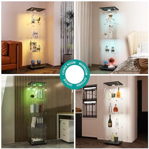 FANYUSHOW Display Cabinet with Glass Door and LED Light, 4-Tier Tempered Glass Display Shelf, Glass Curio Cabinet Collection Display Case, Display Case Cabinet, Black 64.7" H x 16.7" L x 14.37" W 7