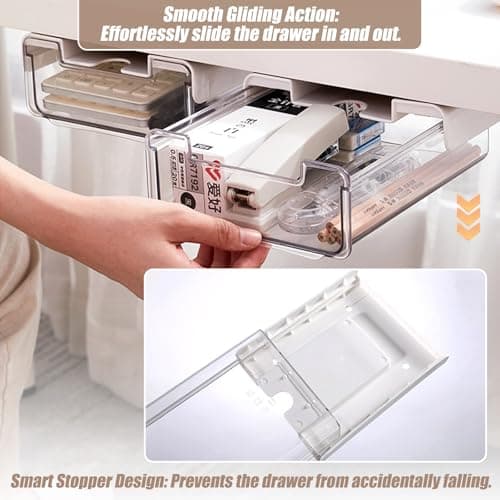 2 Pack Under Desk Storage Drawers Slide Out-Drill-On or Self-Adhesive,Large&Medium Drawer Under Desk Organizer Under Table Drawer for Home Office School Organization and Storage 7